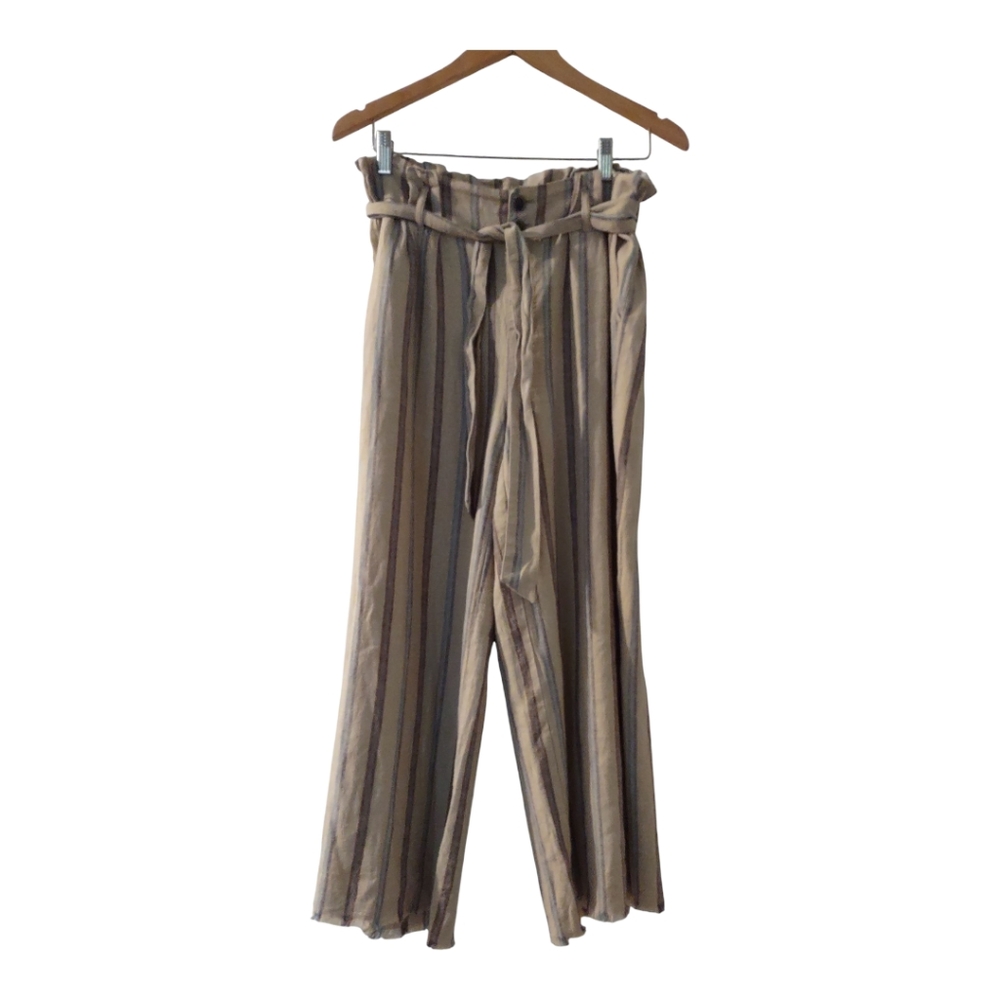 REWASH Linen Blend Stripes Raw Hem Pants With Tie Waist Pockets   Size: Medium